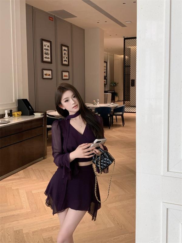 ファッション 服 オシャレ カワイイ シンプル 大カワイイ サイズ 婦服 ツーピース Vネック バンド シフォン トップスス スカート スーツ