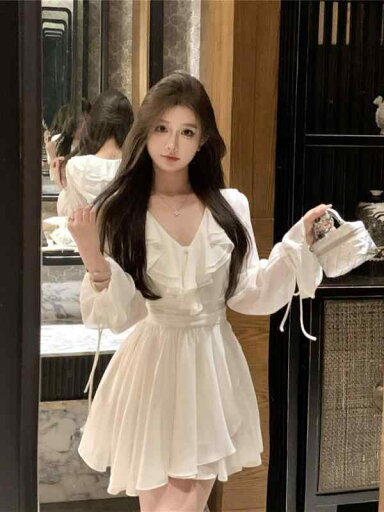 ファッション 服 オシャレ カワイイ シンプル 大カワイイ サイズ 婦服 Vネック フリル ドレス スリム シフォン 長袖 スカート ファッション 服 オシャレ カワイイ シンプル 大カワイイ サイズ 婦服 Vネック フリル ドレス スリム シフォン 長袖 スカート