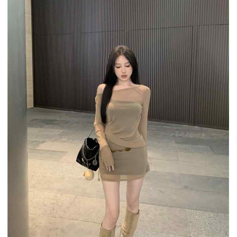 ファッション 服 オシャレ カワイイ シンプル 大カワイイ サイズ 婦服 長袖 メッシュ ドレス フェミニン スリム プリーツ ワン ライン ショルダーバッグ スカート