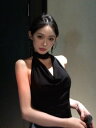 ファッション 服 オシャレ カワイイ シンプル 大カワイイ サイズ 婦服 ホルターネック スイング カラー ノースリーブ スリム バックレス ブラック サスペンダー トップスス