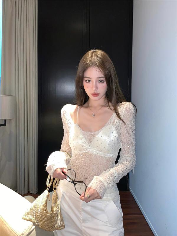 ファッション 服 オシャレ カワイイ シンプル 大カワイイ サイズ 婦服 レース シースルー 長袖 