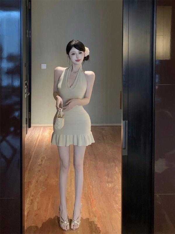 ファッション 服 オシャレ カワイイ シンプル 大カワイイ サイズ 婦服 Vネック ノースリーブホルター ネック ホルター スカート スリム ニット フリルドレス