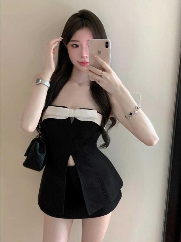 ファッション 服 オシャレ カワイイ シンプル 大カワイイ サイズ 婦服 黒 白 リボン チューブ トップススリット バック レス スカート スーツ 女子