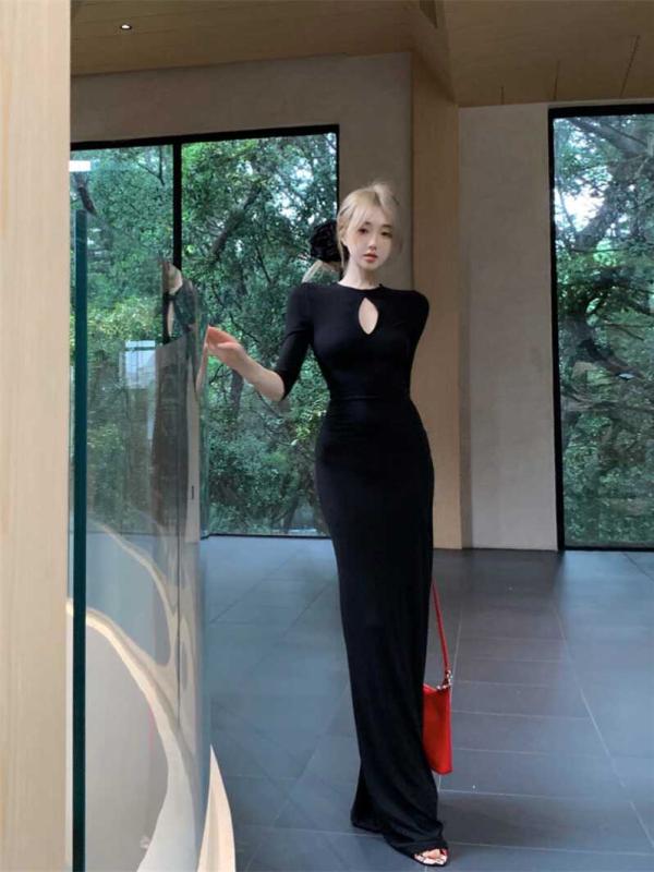 ファッション 服 オシャレ カワイイ シンプル 大カワイイ サイズ 婦服 ウォータードロップ 半袖 スリム ヒップ カバー ロング スカート ドレス