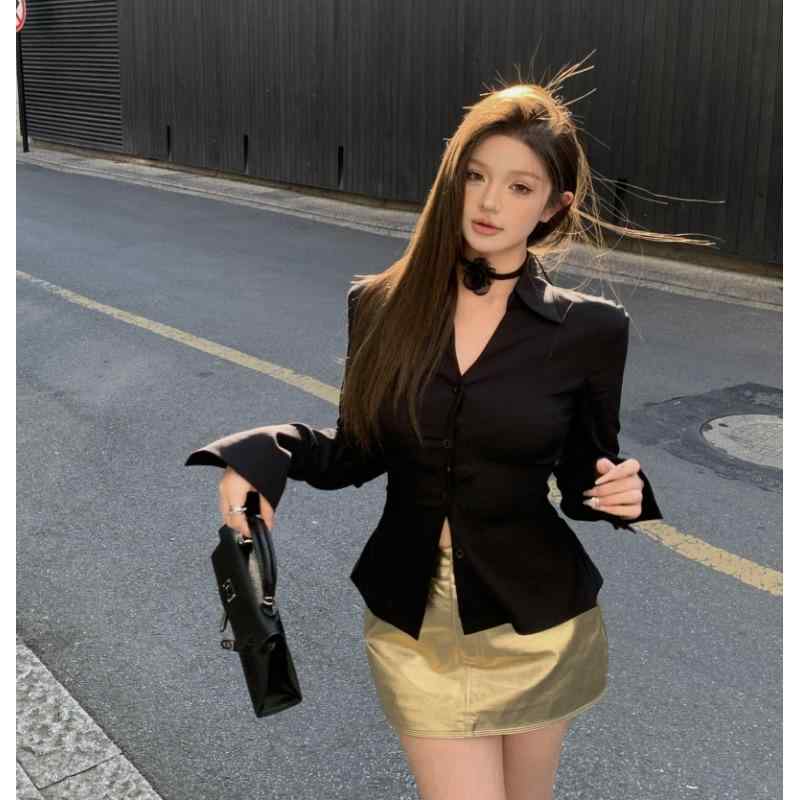 ファッション 服 オシャレ カワイイ シンプル 大カワイイ サイズ 婦服 レース ステッチ バック レス シャツ ジャケット スリム 長袖 ブラック トップスス