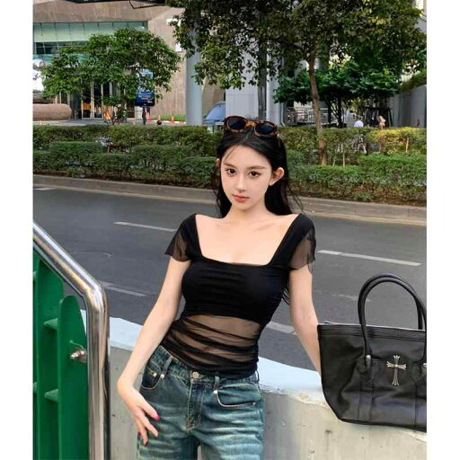 ファッション 服 オシャレ カワイイ シンプル 大カワイイ サイズ 婦服 黒 シースルー メッシュ 半袖 T シャツ 夏 スリム スクエアネック トップスス ファッション 服 オシャレ カワイイ シンプル 大カワイイ サイズ 婦服 黒 シースルー メッシュ 半袖 T シャツ 夏 スリム スクエアネック トップスス