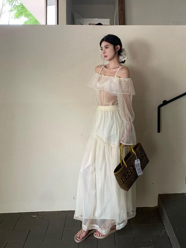 ファッション 服 オシャレ カワイイ シンプル 大カワイイ サイズ 婦服 シースルー オーガンジー 長袖 トップスス スリム フィット スカート スーツ