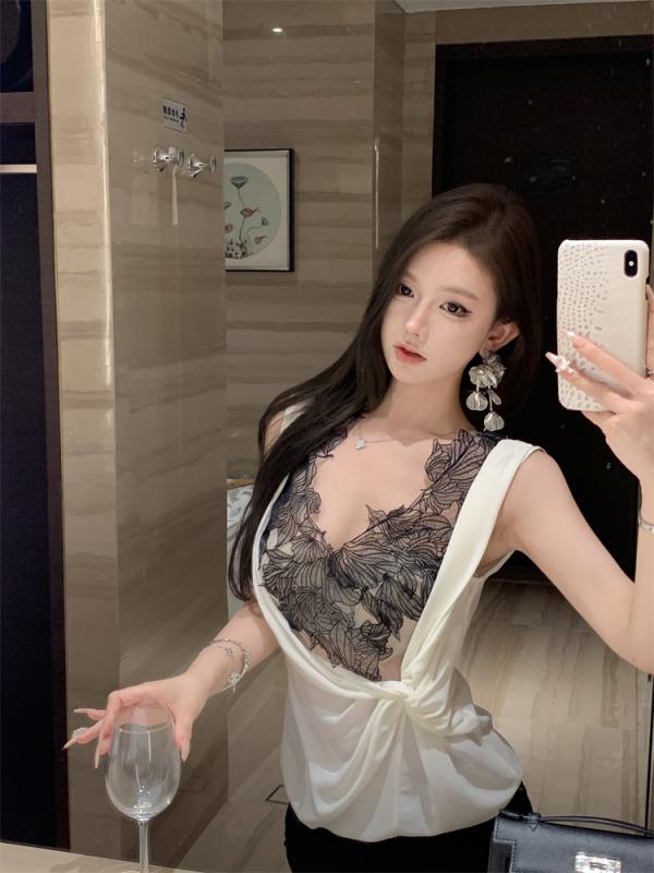 ファッション 服 オシャレ カワイイ シンプル 大カワイイ サイズ 婦服 Vネック レース ノースリーブ キャミソール トップスス