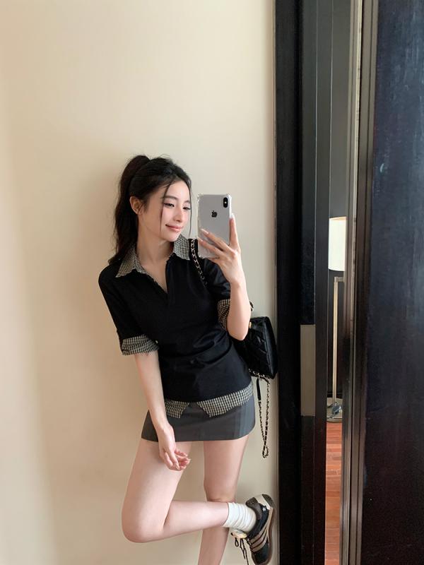 ファッション 服 オシャレ カワイイ シンプル 大カワイイ サイズ 婦服 韓国 スタイル チェック柄 ポロ 襟 T シャツ スリム トップスス