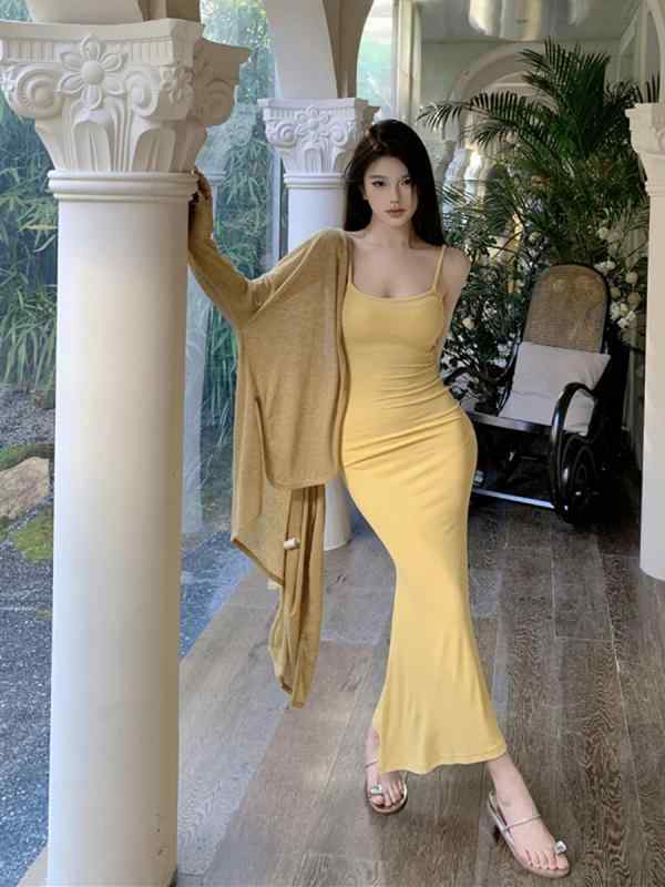 ファッション 服 オシャレ カワイイ シンプル 大カワイイ サイズ 婦服 スリムフィット ヒップ ハグ ワンピース ドレス シンプル ミドル丈 日焼け防止 カーディガンジャケット