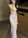 ファッション 服 オシャレ カワイイ シンプル 大カワイイ サイズ 婦服 ローズプリント ロング サスペンダー スカート 夏 スタイリッシュ スイング カラー スリム ヒップ ハグ ドレス