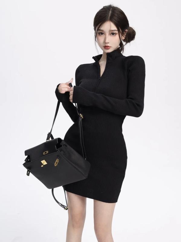 ファッション 服 オシャレ カワイイ シンプル 大カワイイ サイズ 婦服 ハーフ タートルネック ガール ストレッチ ジッパー Vネック タイト ニット ドレス ム スカート ミドル丈 セーター(4)