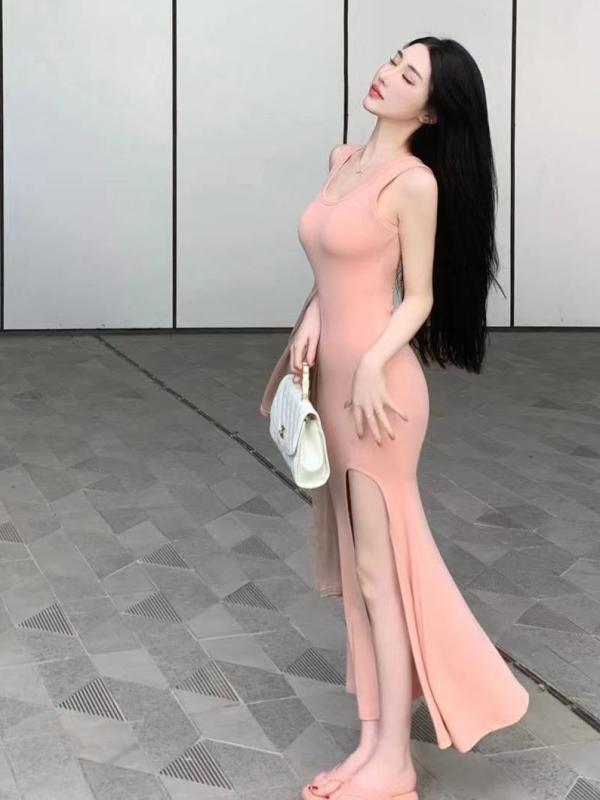 ファッション 服 オシャレ カワイイ シンプル 大カワイイ サイズ 婦服 ガール スリム サイドスリット フィッシュ テール ノースリーブ ドレス スクエアネック ヒップ カバー サスペンダー ロング スカート