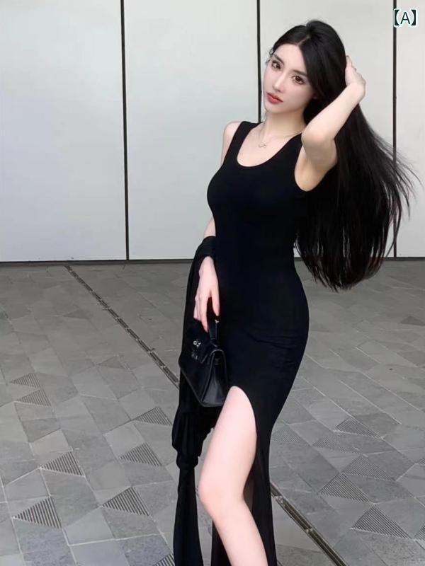 ファッション 服 オシャレ カワイイ シンプル 大カワイイ サイズ 婦服 ガール スリム サイドスリット フィッシュ テール ノースリーブ ドレス スクエアネック ヒップ カバー サスペンダー ロング スカート