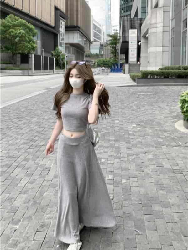 ファッション 服 オシャレ カワイイ シンプル 大カワイイ サイズ 婦服 シンプル ファッション スーツ グレー スリムフィット トップス ヒップ Aライン ロング スカート セット