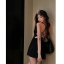 ファッション 服 オシャレ カワイイ シンプル 大カワイイ サイズ 婦服 ダーク バレエ スタイリッシュ ガール バックレス モーダル プリーツ スリット ワンピース ドレス ストラップ Vネック ブラック