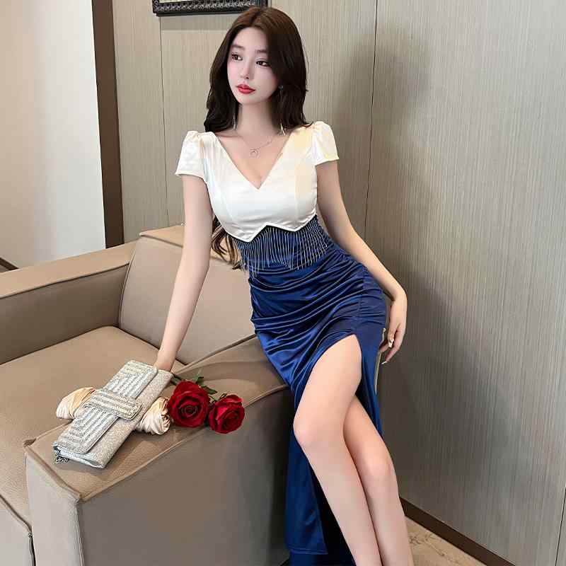 ファッション 服 オシャレ カワイイ シンプル 大カワイイ サイズ 婦服 Vネック 半袖 ハイ スリットドレ..