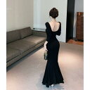 ファッション 服 オシャレ カワイイ シンプル 大カワイイ サイズ 婦服 スタイリッシュ ガール ブラック バックレス フィッシュ テール ドレス スリム ニット ロング スカート