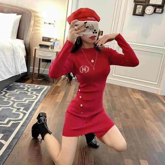 ファッション 服 オシャレ カワイイ シンプル 大カワイイ サイズ 婦服 ラウンドネック 長袖 裾 ヒップ カバー ドレス スリムフィット スカート