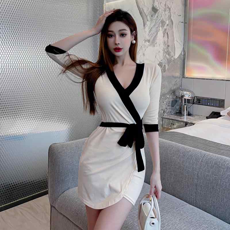 ファッション 服 オシャレ カワイイ シンプル 大カワイイ サイズ 婦服 Vネック カラー ブロック ドレス 夏 ストラップ 付き スリム スカート