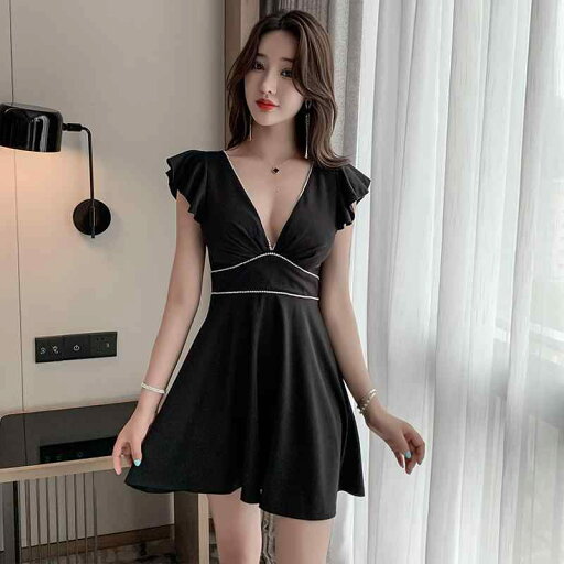 ファッション 服 オシャレ カワイイ シンプル 大カワイイ サイズ 婦服 Vネック ローカット フリル スリーブドレス 夏 スリム ブラック ドレス ファッション 服 オシャレ カワイイ シンプル 大カワイイ サイズ 婦服 Vネック ローカット フリル スリーブドレス 夏 スリム ブラック ドレス