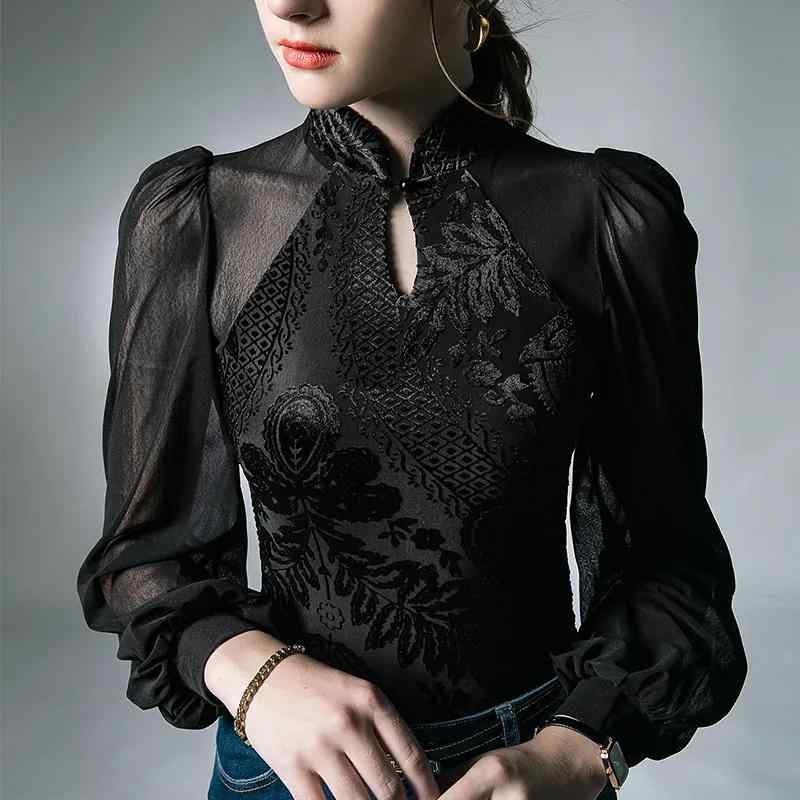 ファッション 服 オシャレ カワイイ シンプル 大カワイイ サイズ 婦服 スタンドカラー 長袖 レイヤリング シャツ メッシュ ランタン 袖 西洋 トップス