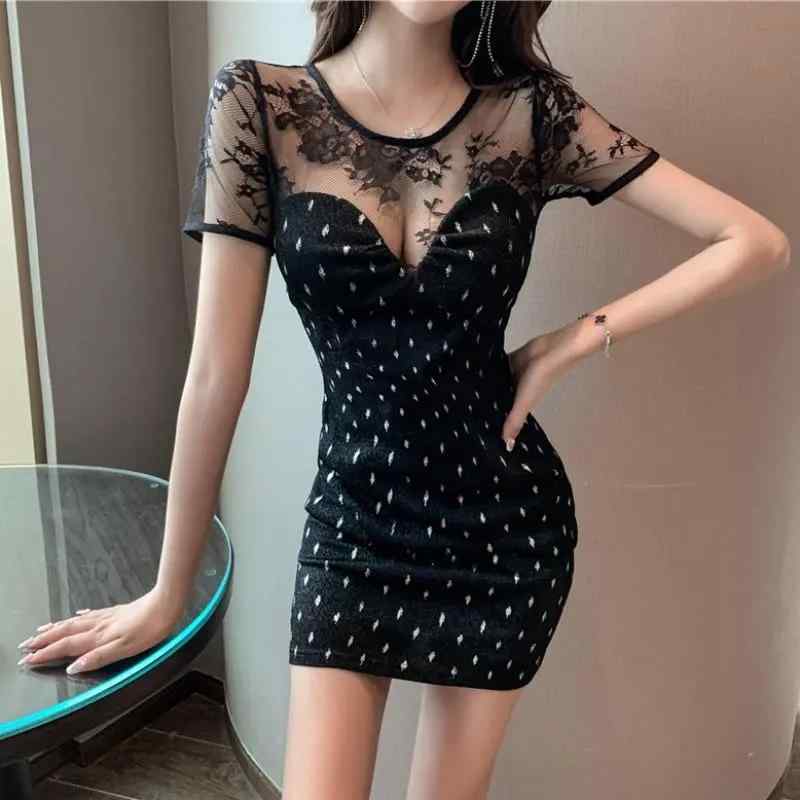 ファッション 服 オシャレ カワイイ シンプル 大カワイイ サイズ 婦服 ラウンドネック 半袖 メッシュ ヒップ ドレス 夏 ミニ スカート