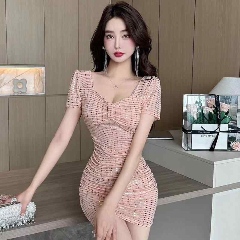 ファッション 服 オシャレ カワイイ シンプル 大カワイイ サイズ 婦服 スクエアネック 半袖 スパンコール ヒップ カバー ドレス 夏 ミニ スカート