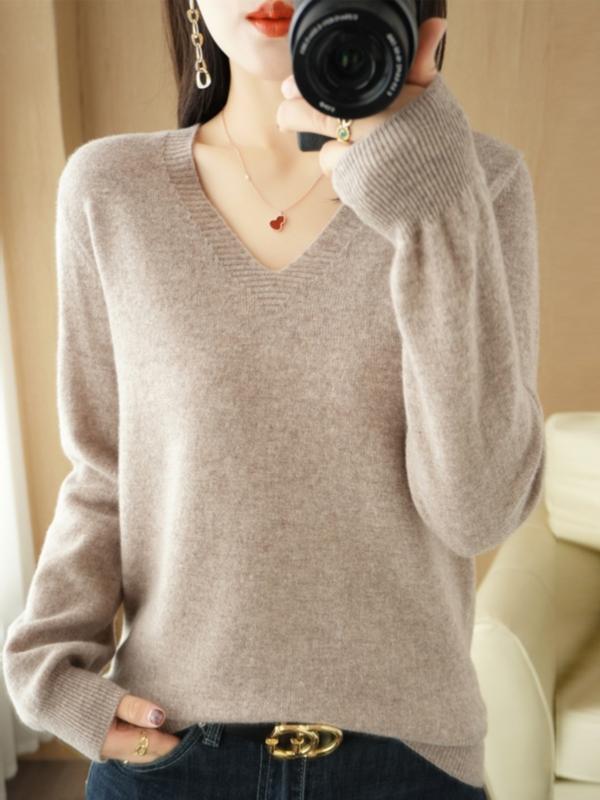 V-Neck - レディース ファッション 服 オシャレ カワイイ シンプル 大人カワイイ 大きいサイズ セーター Vネック 秋 ソリッドカラー 長袖 ウール ニット レイヤリング シャツ