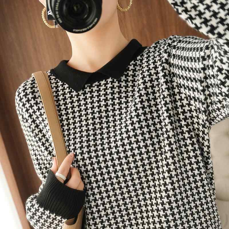 ファッション 服 オシャレ カワイイ シンプル 大カワイイ サイズ 婦服 秋 100 綿 セーター 千鳥格子 長袖 プルオーバー トップス 韓国 スタイル シャツ