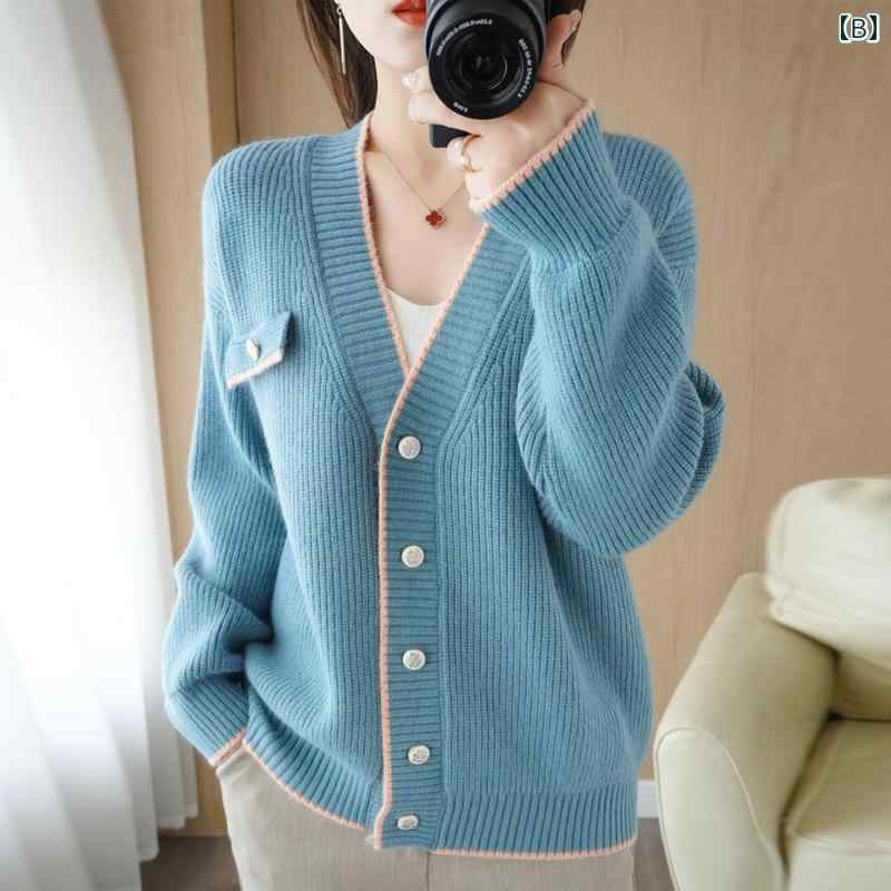 ファッション 服 オシャレ カワイイ シンプル 大カワイイ サイズ 婦服 ゆったり ニットカーディガン 秋 Vネック セーター ジャケット ウール アウター トップス