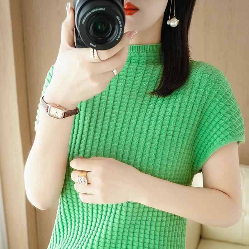 ファッション 服 オシャレ カワイイ シンプル 大カワイイ サイズ 婦服 夏 綿 ハーフ タートルネックニット 半袖 フェミニン ジャカード T シャツ トップス