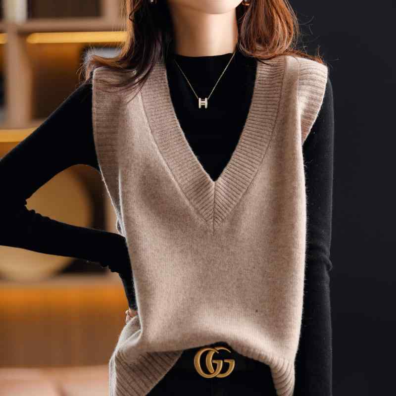 ファッション 服 オシャレ カワイイ シンプル 大カワイイ サイズ 婦服 セーター 秋 Vネック スタック ノースリーブ トップス ソリッドカラー ウール ニット チョッキ