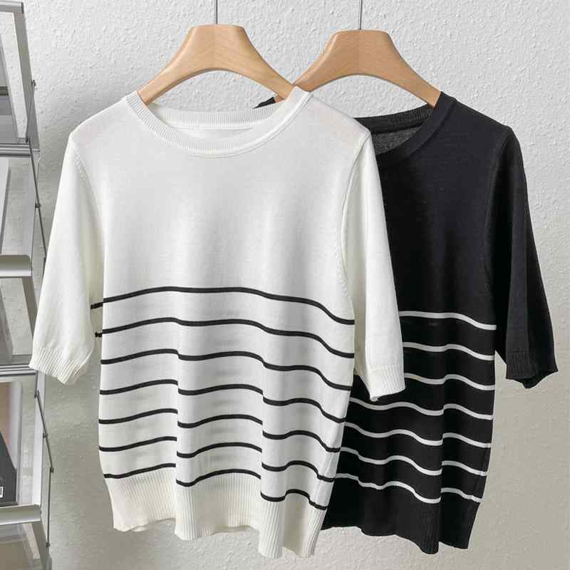 ファッション 服 オシャレ カワイイ シンプル 大カワイイ サイズ 婦服 冷感 セーター 半袖 夏 韓国 スタイル 薄手 T シャツ 黒 白 ストライプ ラウンドネックトップス