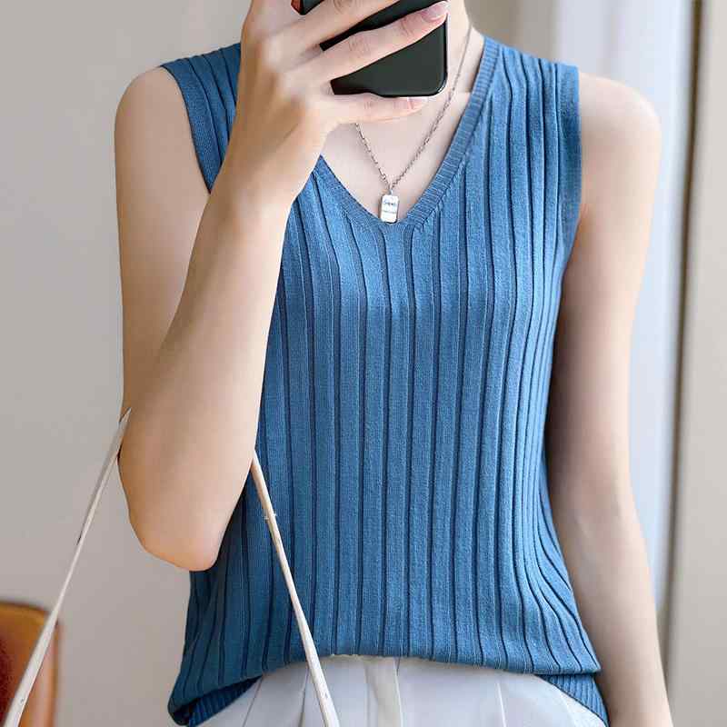 ファッション 服 オシャレ カワイイ シンプル 大カワイイ サイズ 婦服 Vネック ニットキャミソール 夏 ..