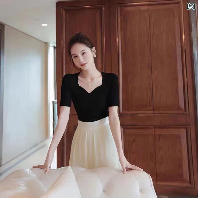 ファッション 服 オシャレ カワイイ シンプル 大カワイイ サイズ 婦服 ニット 半袖 T シャツ フレンチスクエア ネック 夏 U スリム ブラック ハーフスリーブ