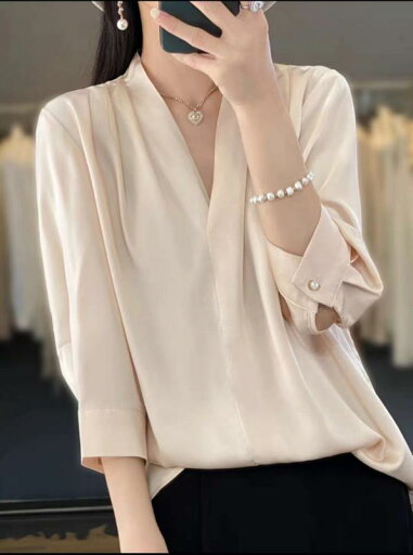 ファッション 服 オシャレ カワイイ シンプル 大カワイイ サイズ 婦服 七分袖 シャツ Vネック サテンシャツ トップス ファッション 服 オシャレ カワイイ シンプル 大カワイイ サイズ 婦服 七分袖 シャツ Vネック サテンシャツ トップス