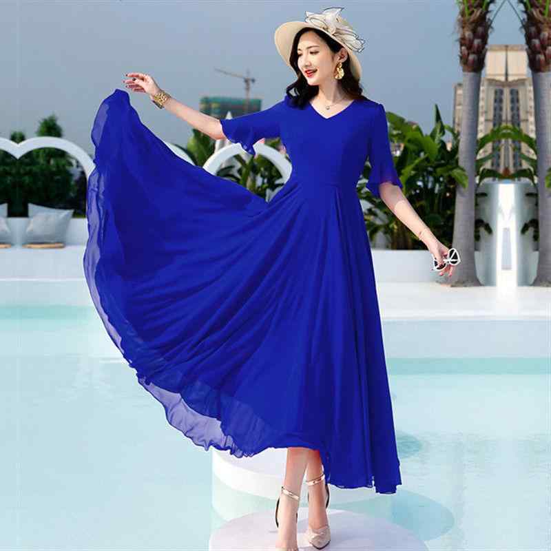 ファッション 服 オシャレ カワイイ シンプル 大カワイイ サイズ 婦服 ワンピース 夏 ビーチ ロング ドレス レッド シフォン ラージ スイング スリム スカート フェアリー 黒