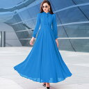 ファッション 服 オシャレ カワイイ シンプル 大カワイイ サイズ 婦服 ワンピース 秋 長袖 シフォン ドレス ボヘミアン スリムフィット エレガント スイング ロング スカート