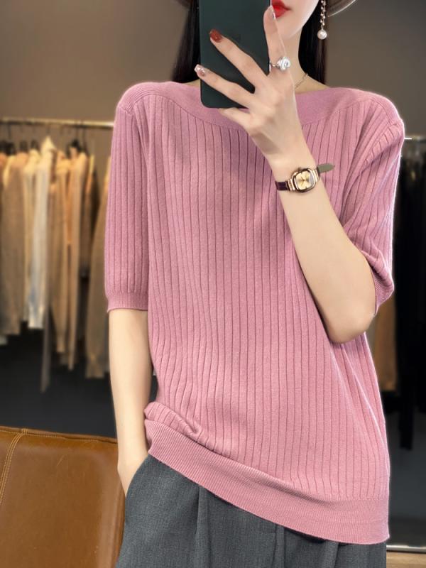 ファッション 服 オシャレ カワイイ シンプル 大カワイイ サイズ 婦服 五分袖 ニット シャツ 夏 半袖 T..