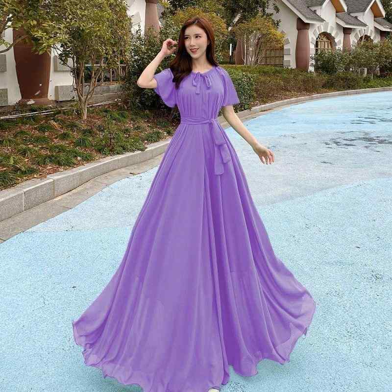 ファッション 服 オシャレ カワイイ シンプル 大カワイイ サイズ 婦服 ワンピース 旅行 白 ロング スカート シフォン ドレス スリム 海辺 バカンス バケーション ビーチ