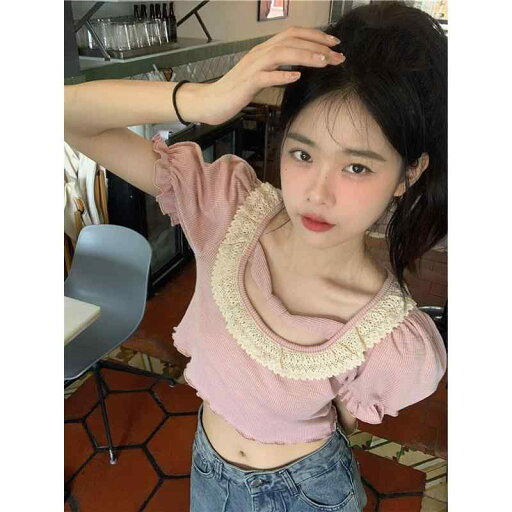 ファッション 服 オシャレ カワイイ シンプル 大カワイイ サイズ 婦服 フレンチ ピンク ラウンドネック レース パフスリーブ T シャツ 夏トップス 快 ファッション 服 オシャレ カワイイ シンプル 大カワイイ サイズ 婦服 フレンチ ピンク ラウンドネック レース パフスリーブ T シャツ 夏トップス 快