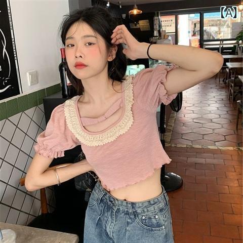 ファッション 服 オシャレ カワイイ シンプル 大カワイイ サイズ 婦服 フレンチ ピンク ラウンドネック レース パフスリーブ T シャツ 夏トップス 快