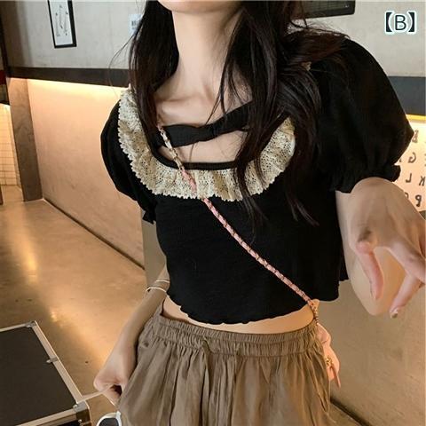 ファッション 服 オシャレ カワイイ シンプル 大カワイイ サイズ 婦服 フレンチ ピンク ラウンドネック レース パフスリーブ T シャツ 夏トップス 快