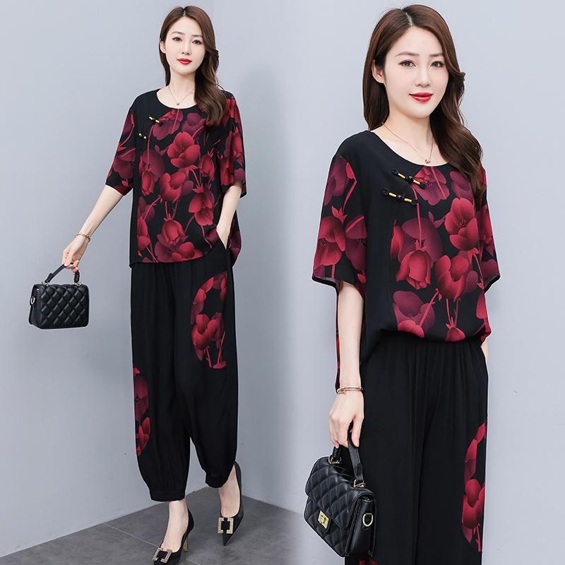 ファッション 服 オシャレ カワイイ シンプル 大カワイイ サイズ 婦服 ママ ファッション サマー スーツ ボタン ダウン 半袖 トップス 九分丈 パンツ(4)