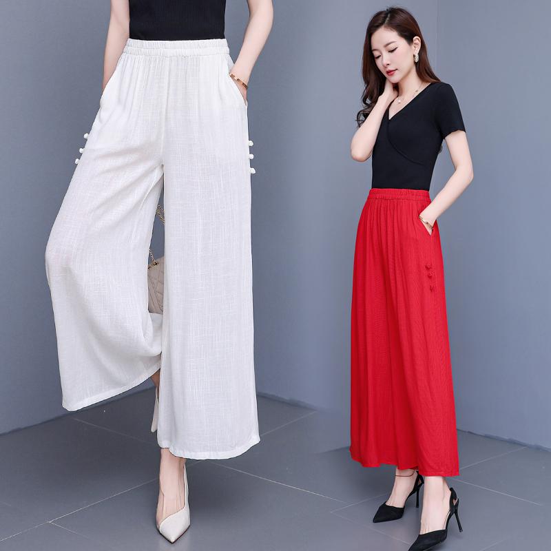 ファッション 服 オシャレ カワイイ シンプル 大カワイイ サイズ 婦服 パンツ 白 綿　麻 ワイド レッグ パンツ春 ママ ファッション 夏 カジュアル 九分丈(4)