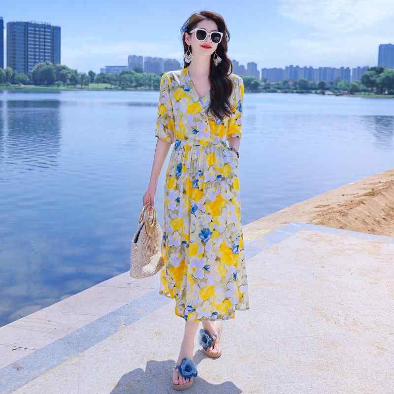 ファッション 服 オシャレ カワイイ シンプル 大カワイイ サイズ 婦服 ワンピース ロング スカート ビーチ フェアリー マザー Vネック 高級感 綿 ドレス