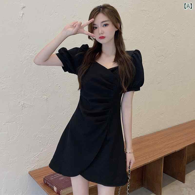 ファッション 服 オシャレ カワイイ シンプル 大カワイイ サイズ 婦服 ワンピース フレンチ ブラック ドレス 夏 スクエアネック 半袖