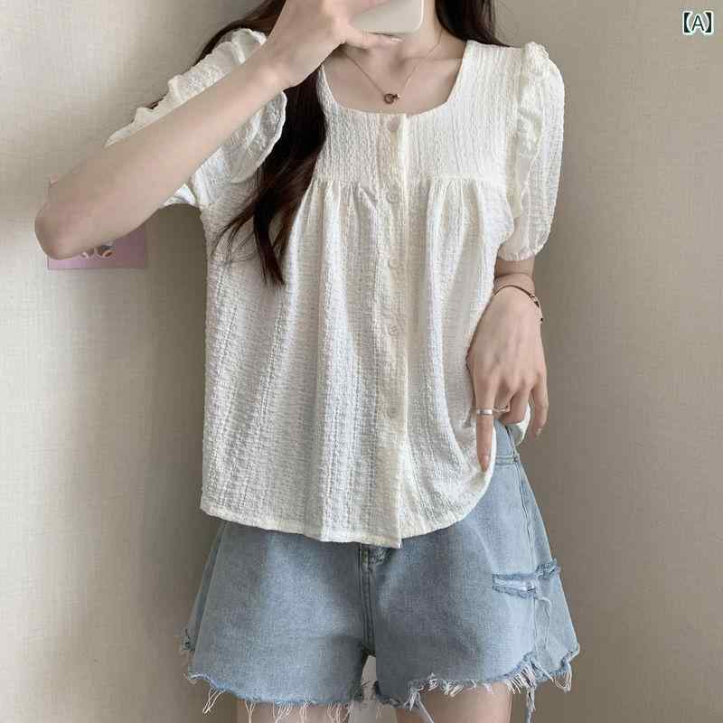 ファッション 服 オシャレ カワイイ シンプル 大カワイイ サイズ 婦服 フレンチスクエア ネック 半袖 シャツ 夏 パフスリーブ トップス