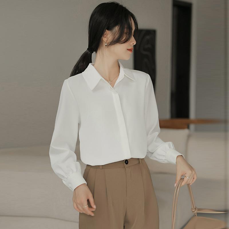 ファッション 服 オシャレ カワイイ シンプル 大カワイイ サイズ 婦服 長袖 白 シャツ 春秋 ポロ カラー 韓国スタイル 快 スリムトップス